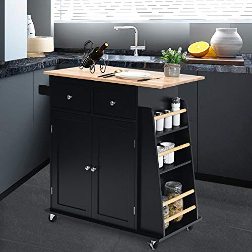 Giantex Kitchen Island Cart, Rolling Wood Trolley with Storage Cabinet, Towel Handle, 2 Drawers, Side Spice Rack and Wine Bottle Rack, Kitchen Cart on Wheels, Rubber Wood Countertop (Black)