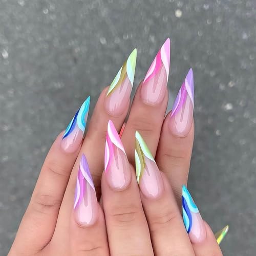 Long Stiletto Press on Nails Almond False Nails French Tip Fake Nails Colorful Stick on Nails Cute Glue on Nails Glossy Artificial Nails for Women 24 pcs