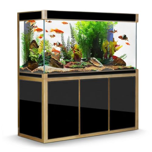 Aqua Dream 135 Gallon Freshwater Glass Aquarium with Aluminum Cabinet - All in One Fish Tank System with Sump Filtration Integrated Plumbing and LED Lighting in Black with Gold Trim