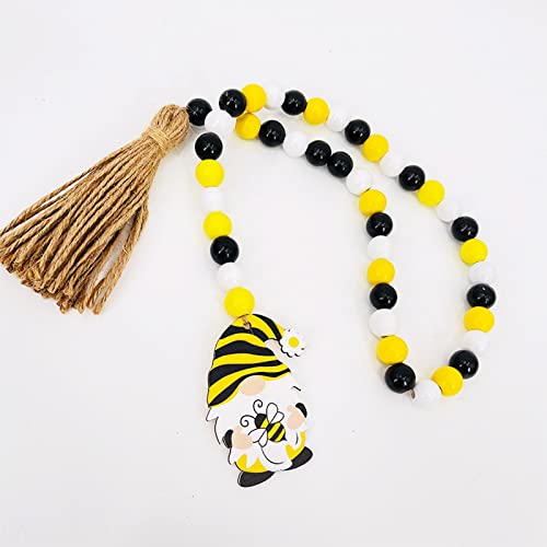 Bee Wood Bead Garland With Jute Rope Tassel 35 Inch, Country Wooden Beads Decorative Prayer Beads Honeybee Bead Garland With Sunflower Tag Spring Summer Bee Lover Gifts Bee Farmhouse Wall Decor #TOP5