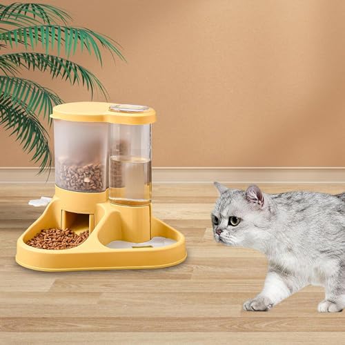 Image of Dog Bowl, 2 in 1 Automatic Cat Food and Water Bowl Set with Water Dispenser and Stainless Steel Bowl for Cats and Small Dogs Automatic Water Feeder Water Drinker (Yellow)