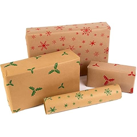 Recycled Kraft Christmas Wrapping Paper Rolls Gift Wrap - 5M x 70CM - Pack 4 Cover