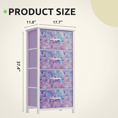 GOOBED Dresser with 4 Drawers - Storage Tower Unit, Dresser for Room, Living Room, Closets - Sturdy Steel Frame, Wooden Top & Easy Pull Fabric Bins, Tie-dye Purple