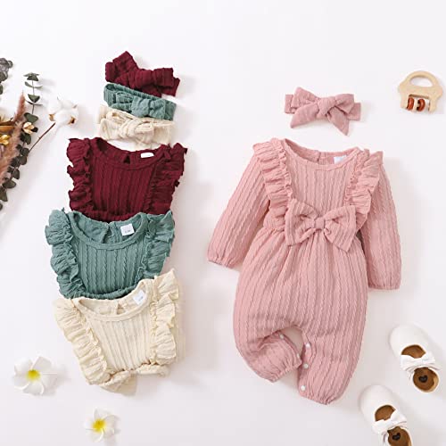 Image of Happy Town Baby Girl Romper Infant Fall Winter Clothes Ruffle Sweater Long Sleeve Bodysuit Jumpsuit and Headband