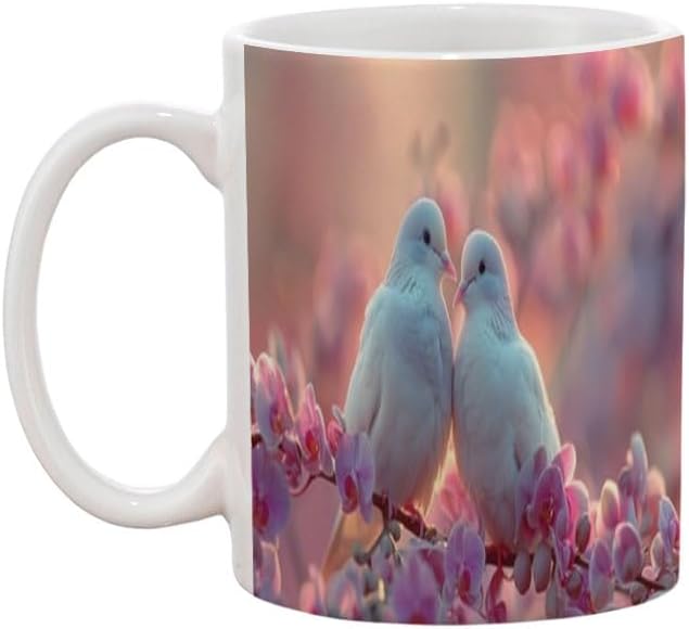 Mojolo Premium White Doves and Pink Cherry Blossoms Design Romantic Peace and Love Theme for Wedding Anniversary, Ceramic Coffee Mug, 11oz (325ml) (KG-AVL-0108M)