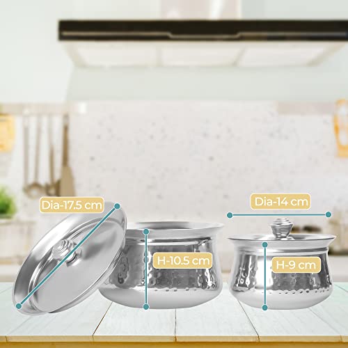 KSJONE Stainless Steel Biryani Handi Set | Premium Steel Hammered Finish Tope, Patila Handi | with Hammered Design, Tableware & Serveware for Home, Kitchen, Hotel & Restaurants (1.5 Quart & 2.5 Quart)