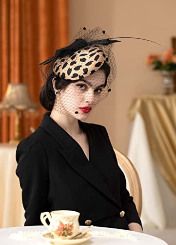 Zivyes Leopard Fascinators For Women Tea Party Kentucky Derby Hats Veil Pillbox Hat 1950S Feather Headband Funeral Church #TOP3