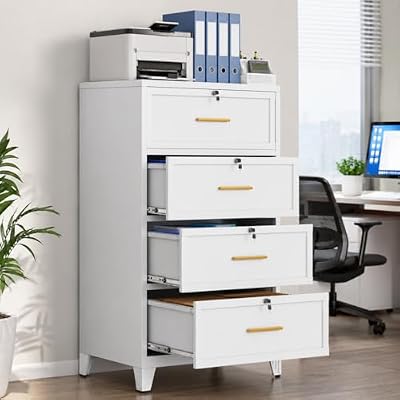 Metal Lateral File Cabinet with Lock, 4 Drawers Metal Filing Cabinet, White Freestanding Storage Cabinet for Home Office, Printer Stand, Study & Bedroom