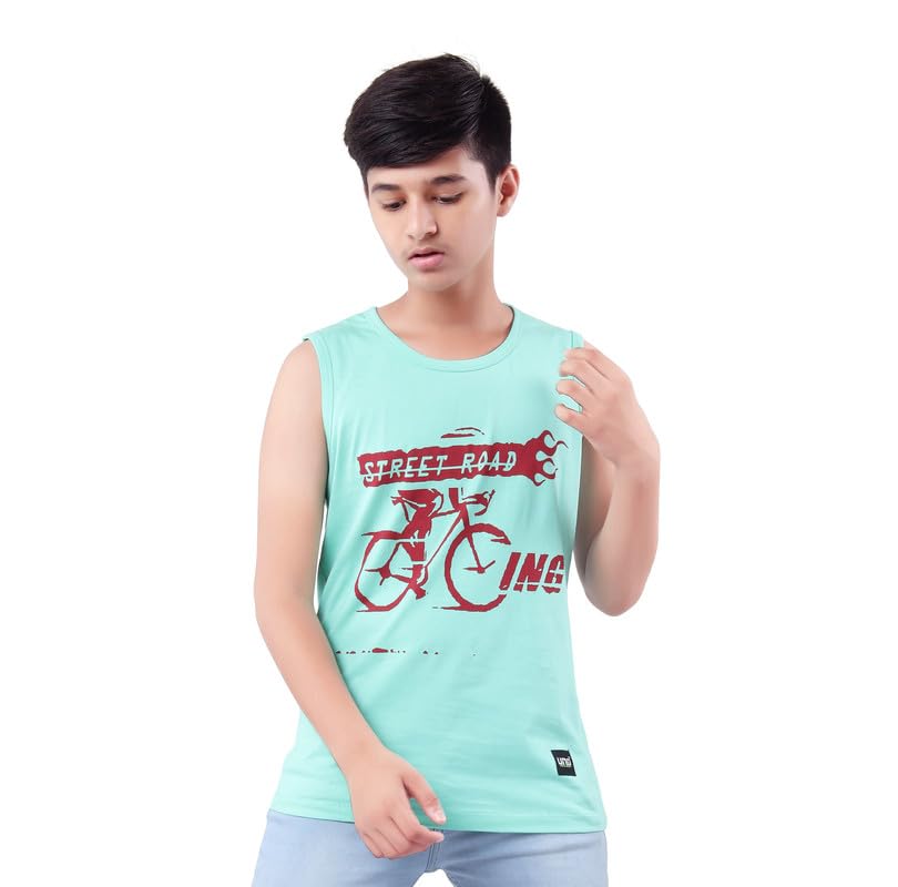 Image of UNOseven Printed Cotton Sleeveless Vest /T-Shirt for Boys - Regular Fit (Pack of 1)
