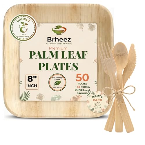 brheez Bamboo Plates 8 inch with Cutlery: 50 Plates + 50 Forks + 50 Knives + 50 Spoons | Bamboo Plates Disposable Palm Leaf Plates |Eco Compostable Biodegradable Plates 200 peice set