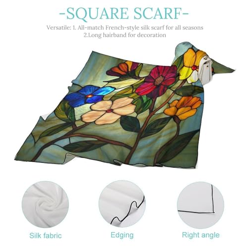 Stained Glass Flowers Women Hair Scarf Square Silk Like Head Scarves Handkerchief Satin Neck Scarf4