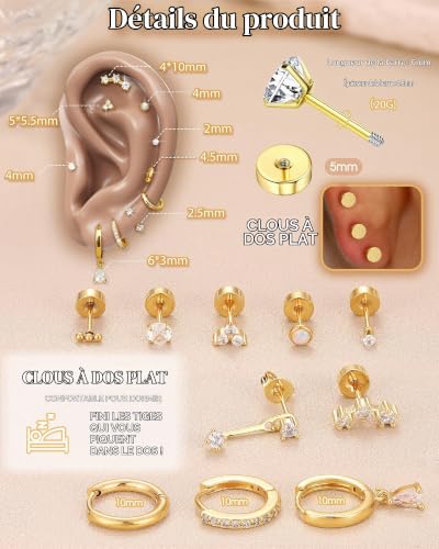 Roheafer Hypoallergénique Dos Plat Boucles D'oreilles Or Cartilage Boucles D'oreilles Pour Les Femmes 20g Chirurgical Boucle D'oreille En Acier Inoxydable Or – vue 2