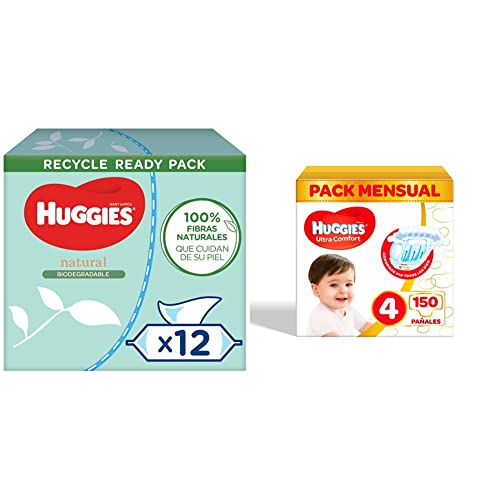 Huggies Pure Biodegradable Toallitas para bebé, 12 paquetes de 48 unidades (576 toallitas) & Pañales para bebé Ultra Comfort, talla 4 (7-18 kg), 150 unidades