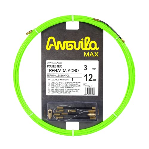 Anguila Max | Guía Pasacables | Tubos Estrechos | Monofilamento | Poliéster Trenzado | Terminales Mixtos | Color Verde | Diámetro 3mm | 12 metros