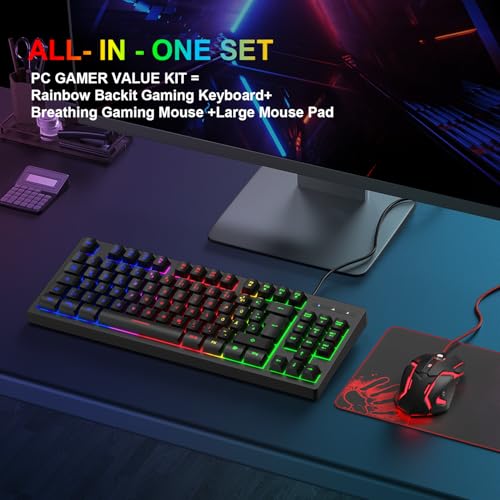 Rewurnth Gaming Tastatur und Maus Set, QWERTZ DE Layout, 75% TKL, RGB Hintergrundbeleuchtete Kabelgebundene Tastatur, Ergonomische 4 Farbige LED Gaming Maus, Großes Mauspad, USB Plug & Play für PC 6