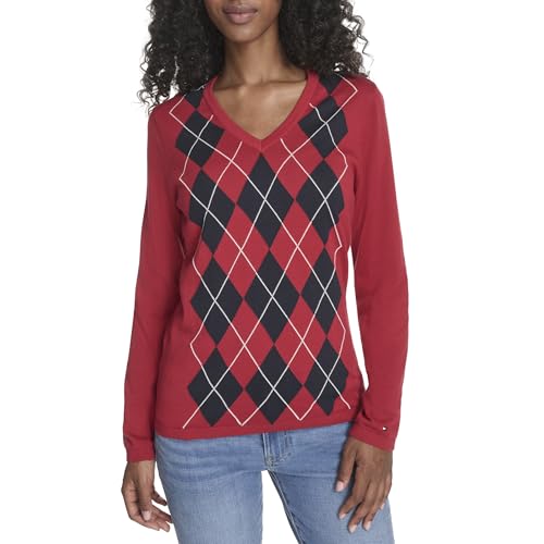 Tommy Hilfiger Women's Sportswear Argyle V-Neck Ivy Sweater, Chili Pepper/Sky Captain/Ivory, Small
