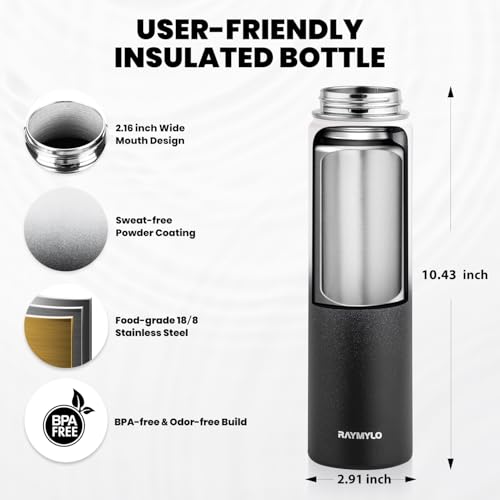 Image of RAYMYLO Insulated Water Bottle 24 oz, Triple Wall Vacuum Stainless Steel (Cold for 24Hrs, Hot for 12Hrs), Leak Proof & Non-BPA, Modern Water Flask Jug with Paracord Handle & Straw Spout Lids