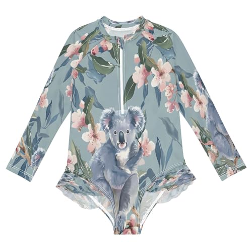 Toddler Girl Long Sleeve Ruffle Swimsuit One Piece Zipper Rash Guard Bathing Suit with UPF 50+ Little Koala