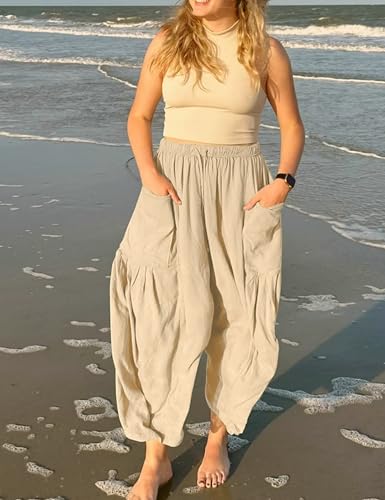 HangNiFang Cotton Linen Wide Leg Pants for Women High Waisted Beach Palazzo Harem Pants3