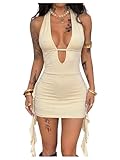 SOLY HUX Women's Sexy Halter Mini Dress Open Back Y2k Deep V Neck Backless Ruffle Fringe Bodycon Club Dresses Solid Apricot Medium