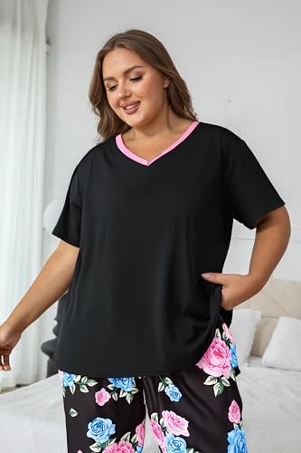 Image of Vozanet Women's Pajama Sets Short Sleeve with Long Pant Soft Sleepwear Printed pj Loungewear With TWO Pockets Size 1X to 5X