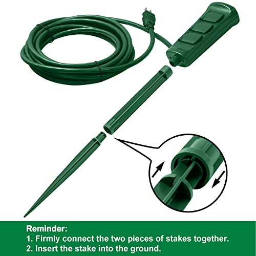 Bestten Outdoor Power Strip With 20-Foot Ultra Long Extension Cord, 3-Outlet Weatherproof Yard Power Stake With Protective Covers, Etl Certified, Green #TOP5