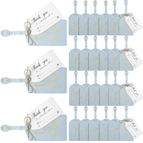 Sweetude 48 Sets Leather Luggage Tag Bulk and So The Adventure Begins Luggage Tags with Name Card for Wedding Bridal Shower Bachelorette Honeymoon Travel Graduation Gifts(Haze Blue)