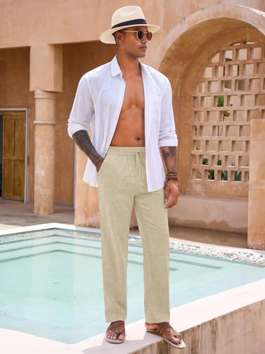 Runcati Mens Casual Pants Drawstring Elastic Waist Lightweight Linen Pants Loose Fit Straight Legs Beach Trousers4