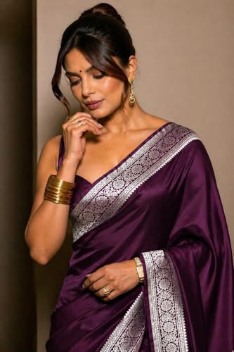 Image of Women's Glory Womens Satin Saree with Silver Woven Border | Elegant Plain Glossy Silk Saree for Party, Wedding, Reception & Festive Style with Unstitched Blouse Piece