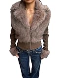 WDIRARA Women's Faux Fur Lapel Zip Up Jacket Long Sleeve Rib Knit Outerwear Brown Large