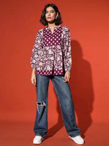Image of THE DRY STATE Women's Floral Peplum Tunic with Contrast Yoke Panel at Front