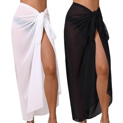 MENUY 2 Stück Pareo Damen Strand, Lang Strandtuch zum Umbinden, Sexy & Stylish Vertuschung Chiffon Badeanzug, Sommer Bikini Cover Up, Lange Beach Wrap für Strand in Schwarz und Weiß