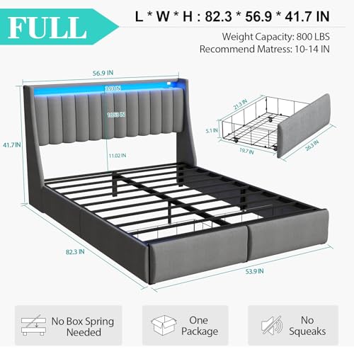 Image of Full Size Bed Frame with Upholstered Storage Headboard and 2 Drawers | Full Size Metal Platform Bed with LED Lights and Charging Station, Noise-Free, No Box Spring Needed, Easy Assembly, Gray