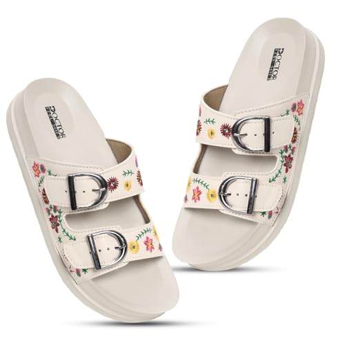 Image of Women Floral Double Strap Buckle Slides | Embroidered Casual Slip-On Sandals for Girls | Lightweight Anti-Slip Comfortable Everyday Wear Flats