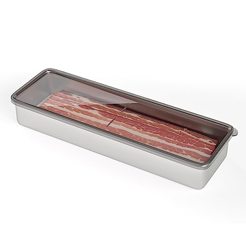 Freshmage Bacon Container for Refrigerator, 1 Pack 304 Stainless Steel Airtight Deli Meat Storage Container for Fridge Dishwasher Safe Long Kitchen Food Storage Containers with Lids with Elevated Base