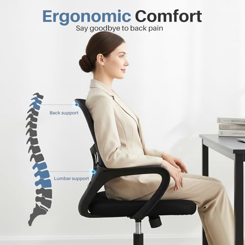 Image of DUMOS Home Office Computer Chair - Ergonomic Mid Back Desk with Lumbar Support and Rocking Mode, Height Adjustable with Fixed Armrest, for Conference Meeting Room, 360 Swivel, Adults, Black