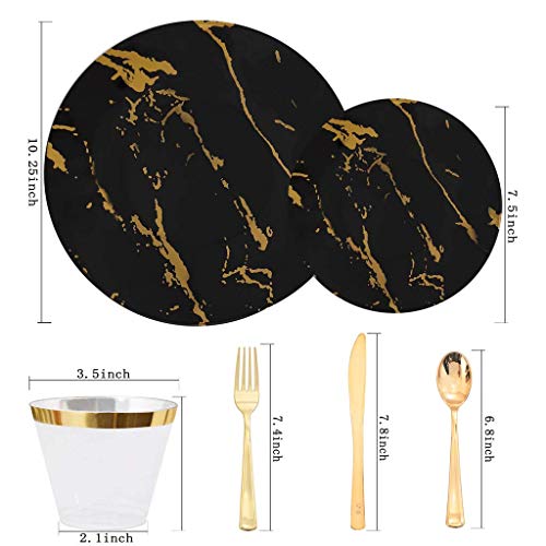 Bucla 30Guests New Year Plates - Black And Gold Plastic Plates With Disposable Prewrapped Silverware Bulk And Gold Cups- Marble Design Disposable Plastic Dinnerware-Ideal For Weddings And Parties #TOP1