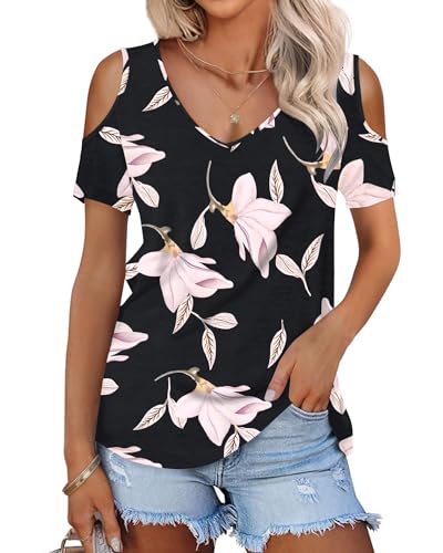 WNEEDU Tshirt Damen Sommer V Ausschnitt Schulterfrei Oberteil Kurzarm Tops...