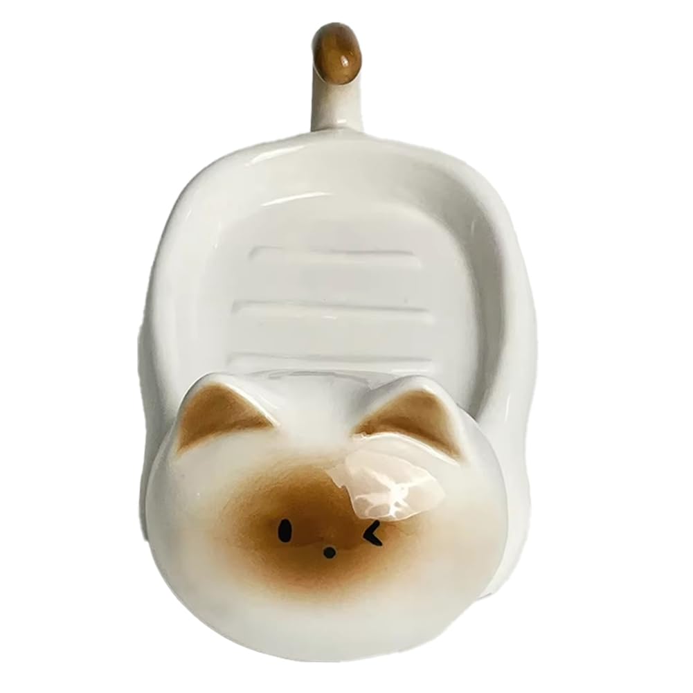 Osmond Siamese Cat Ceramic Soap Dish, Cute Cartoon Design, Perforation-Free, Small Art Drain Dish for Household Use White