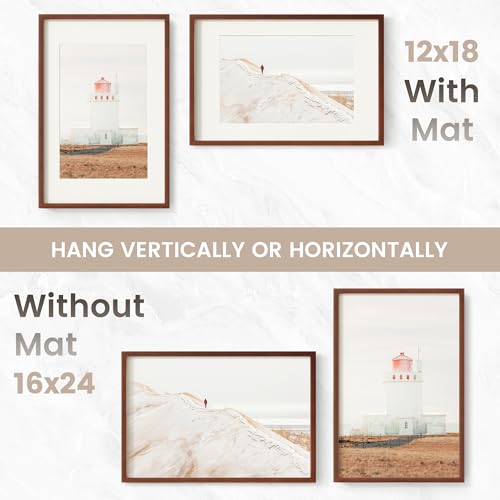 Image of 16x24 Poster Frame, USA-Sourced Natural Mahogany Wood Picture Collage Frame with HD Tempered Glass, Modern Simple 16 x 24 Wooden Photo Frame Matted to 12x18, Vertical & Horizontal Wall Hanging Display