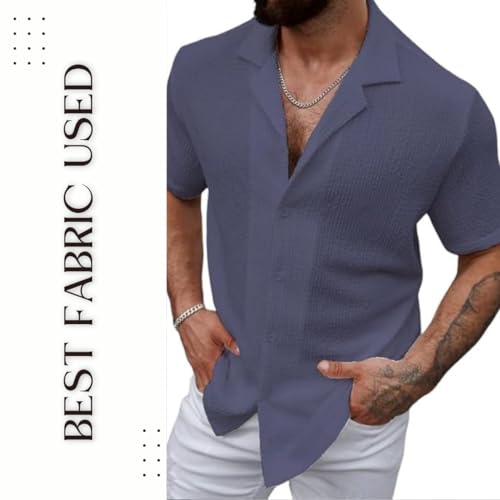 Image of COMBRAIDED Men's Regular Fit Cotton Blend Shirts | Half Sleeve Solid Pattern | Casual Wear for Everyday Style