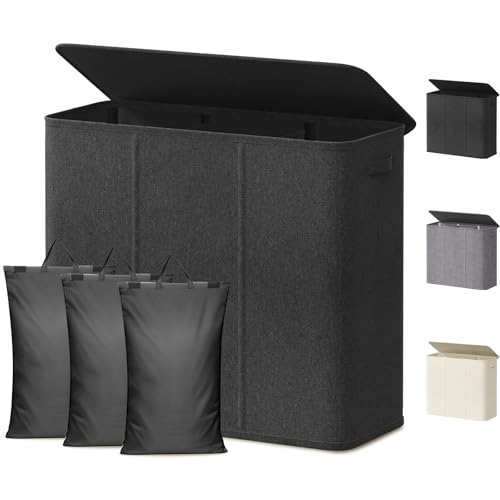 Lifewit Triple Laundry Hamper with Lid, Removable Laundry Bags, Dark Gray