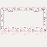 Pink Bow License Plate Frame Cute Bow License Plate Holders Funny Stainless Steel Auto Accessory Bracket 2 Hole with Screws Universal Us Car License Plate Frames 6x12 Inch for Women Men