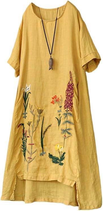 Minibee Women's Embroidered Linen Dress Summer A-Line Sundress Hi Low Tunic Clothing