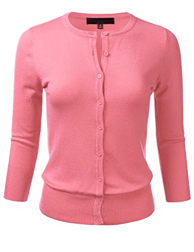 FLORIA Women's Button Down 3/4 Sleeve Crew Neck Knit Cardigan Sweater Pink S