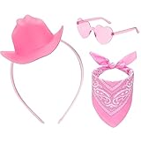 3 Stücke Cowboyhut Damen Set, Fashion Westernhut Cowboyhüte, Western Cowboy Kostüm Kit mit Cowboyhut Herzförmiger Sonnenbrille Paisley Bandanas für Erwachsene Kinder Maskeraden Halloween Partys