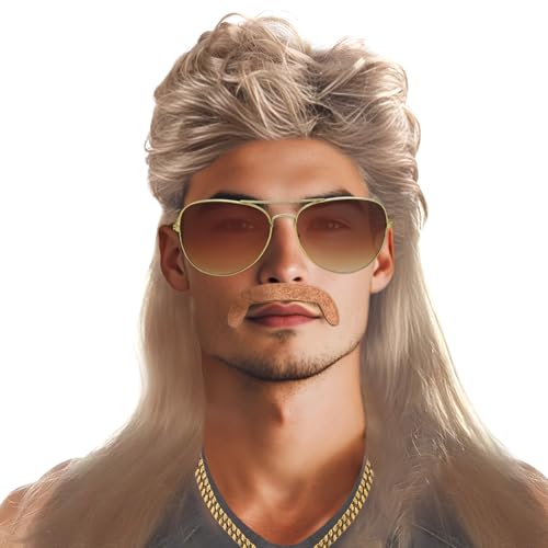 AUXHCYL Vokuhila Peluca para hombre – Accesorios de los años 80 y 90, pelucas rubias, gafas de sol con cadena dorada, barba, peluca para carnaval, carnaval, punk rock