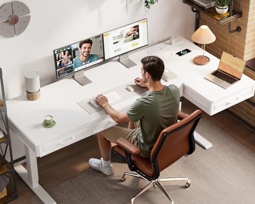 Image of OffiGo 63 Inch L Shaped Standing Desk with 4 Wooden Drawers, White