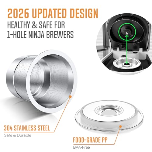 Image of VIVI SKY Reusable K Cups for Ninja: Stainless Steel Coffee Pods Fits 1-Hole Ninja Coffee Makers CFP101 & PB051 /PB051ST - Also Fits Keurig 1.0 Not K 2.0 /Rich Brew No-Grit /No-Plastic /Washer Safe(2 Pack)
