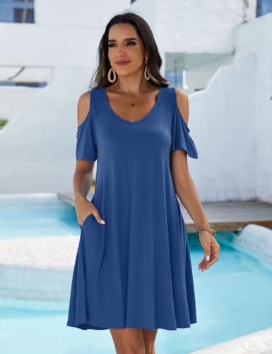 Image of JollieLovin Womens Plus Size Short Sleeve Cold Shoulder V Neck T-Shirt Dress with Pockets
